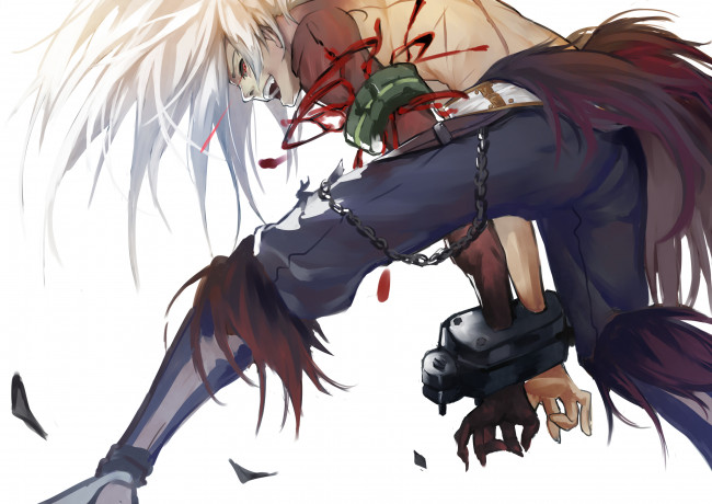 Обои картинки фото аниме, животные,  существа, парень, кровь, оковы, kamisa, арт, dungeon, and, fighter