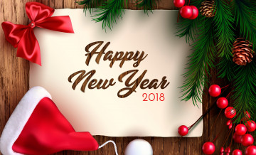 Картинка праздничные векторная+графика+ новый+год новый год шары шапка боке игрушки ёлка ленточка ветки 2018 красная шишки фон вектор ягода надпись рождество с новым годом блики праздник happy new year