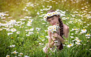 Картинка девушки -+брюнетки +шатенки лето луг венок ромашки