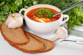 Картинка еда первые+блюда укроп петрушка чеснок борщ хлеб