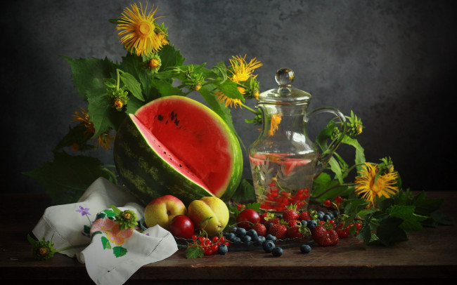 Обои картинки фото еда, натюрморт, арбуз, кувшин, ягоды
