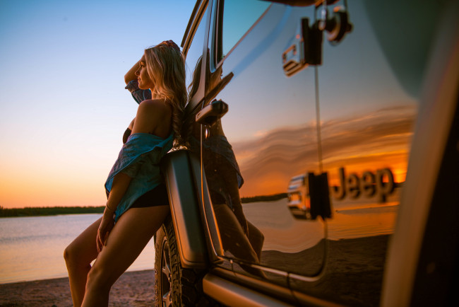 Обои картинки фото автомобили, -авто с девушками, женщины, с, автомобилями, джип, блондинка, jeep, wrangler, модель, на, природе, trevor, johnsen