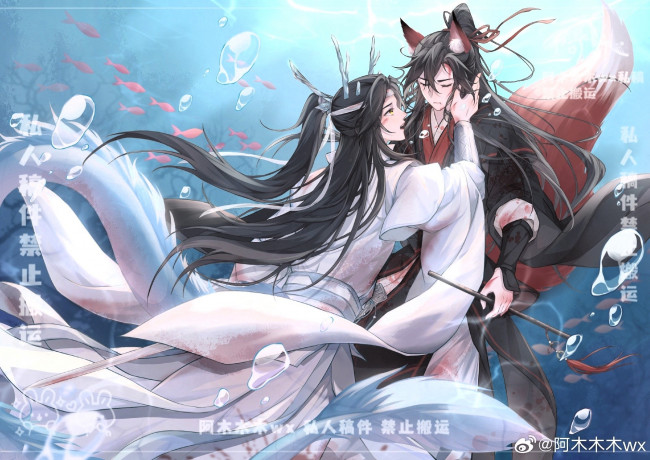 Обои картинки фото аниме, mo dao zu shi, лань, ванцзи, вэй, усянь, хвосты, вода