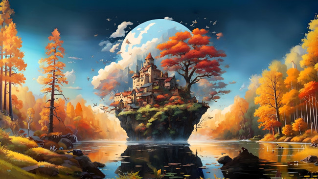 Обои картинки фото рисованное, города, осень, лес, озеро, остров, замок, луна