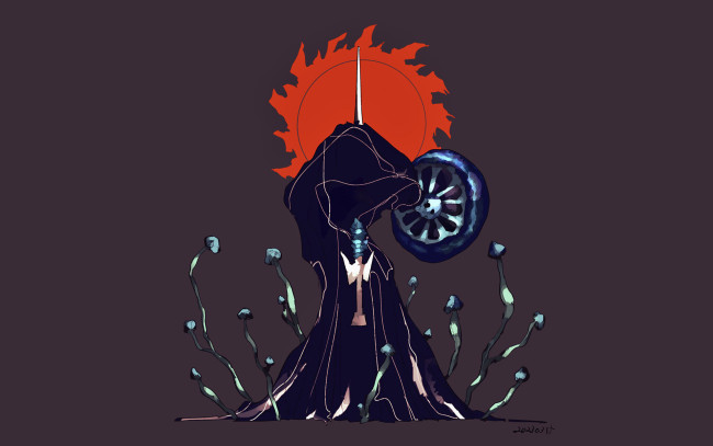 Обои картинки фото видео игры, shin megami tensei v, фигура, солнце, меч, щит, мантия, цветы