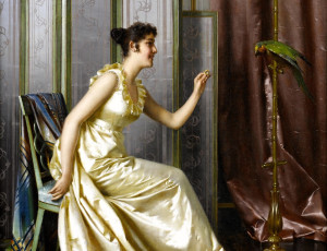 Картинка рисованное vittorio+reggianini женщина платье стул попугай