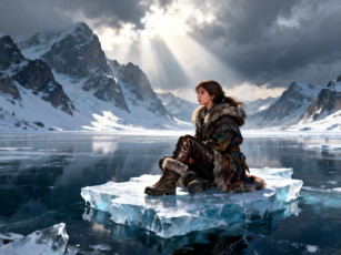 обоя фэнтези, девушки, девушка, шуба, штаны, сапоги, озеро, горы, лед, снег, зима