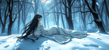Картинка аниме зима +новый+год +рождество девушка платье снег лес деревья