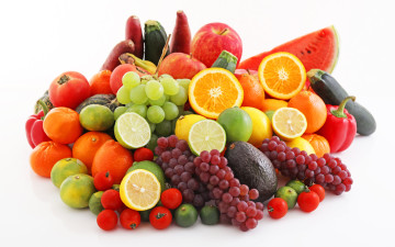 обоя еда, фрукты и овощи вместе, помидоры, перец, яблоки, виноград, фейхоа, арбуз