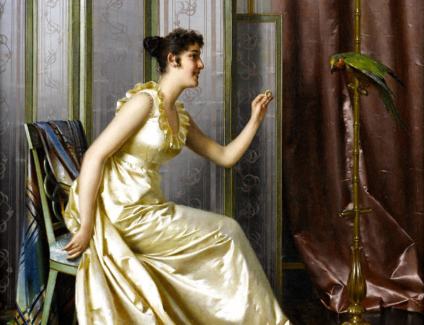 Обои картинки фото рисованное, vittorio reggianini, женщина, платье, стул, попугай
