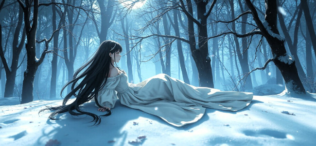 Обои картинки фото аниме, зима,  новый год,  рождество, девушка, платье, снег, лес, деревья