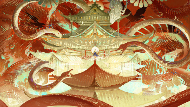 Обои картинки фото аниме, животные,  существа, драконы, змеи, замок, китай