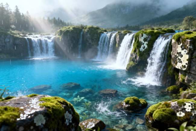 Обои картинки фото разное, компьютерный дизайн, горы, водопады, камни, озеро, мох