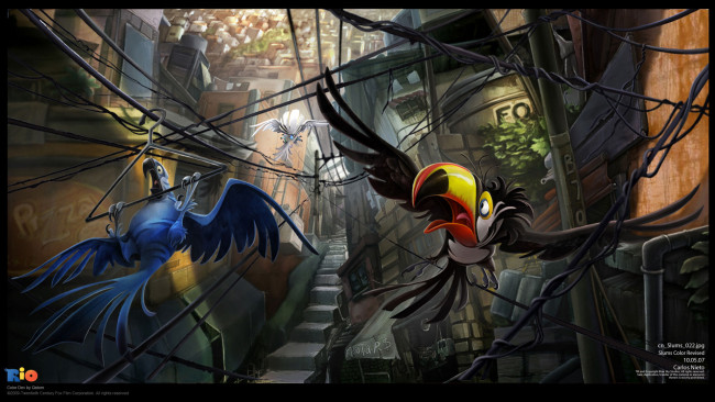 Обои картинки фото трущобы, мультфильмы, rio, попугаи, улица, город