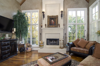 Картинка интерьер гостиная вазон камин диван