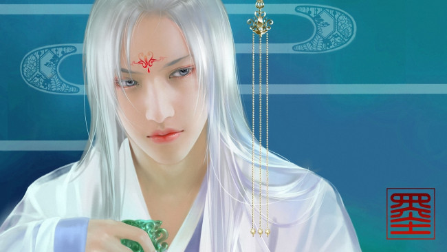 Обои картинки фото фэнтези, люди, азиат, feimo, арт, украшение, нефрит, подвески, парень