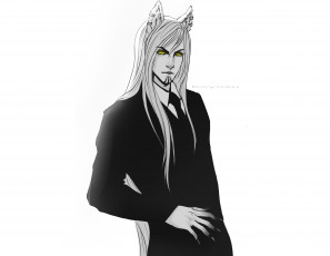 Картинка фэнтези существа неко мужчина арт чёрно-белое белый фон