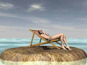 Картинка 3д+графика люди+ people камень шезлонг купальник море фон взгляд девушка