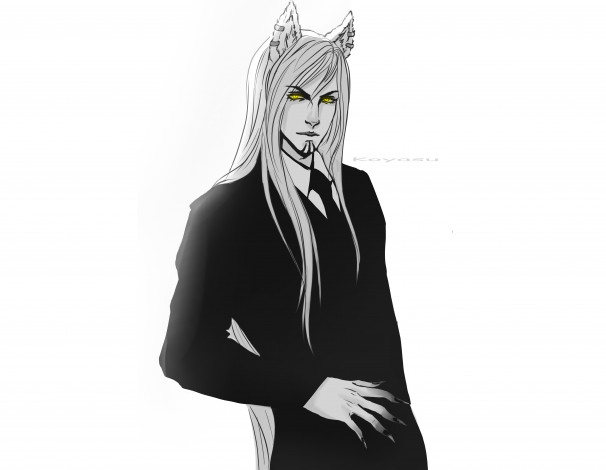 Обои картинки фото фэнтези, существа, неко, мужчина, арт, чёрно-белое, белый, фон