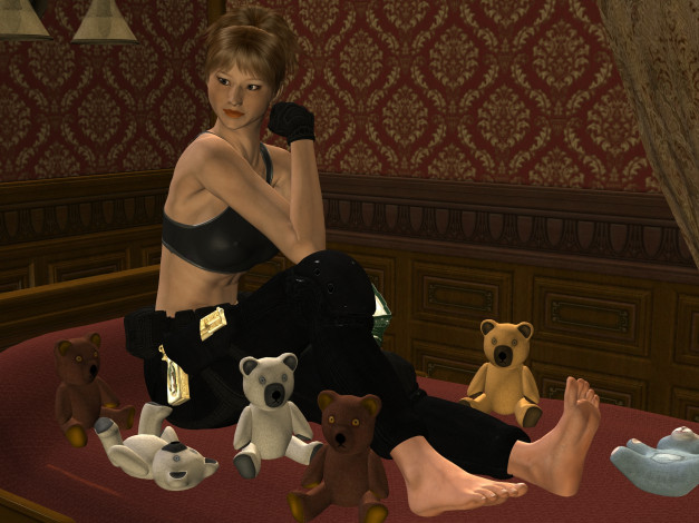 Обои картинки фото 3д графика, люди , people, взгляд, девушка, игрушки, кровать, фон