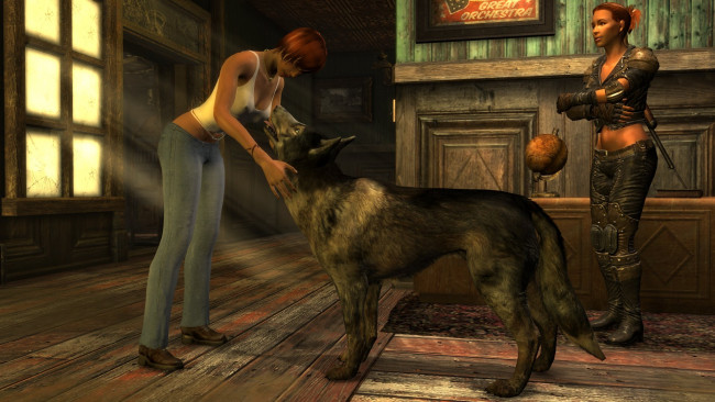 Обои картинки фото 3д графика, люди , people, собака, фон, взгляд, девушки