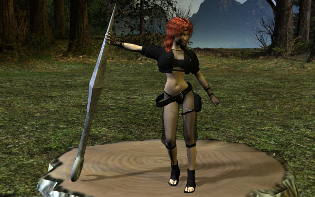 Обои картинки фото 3д графика, фантазия , fantasy, девушка, пень, рыжая, фон, взгляд