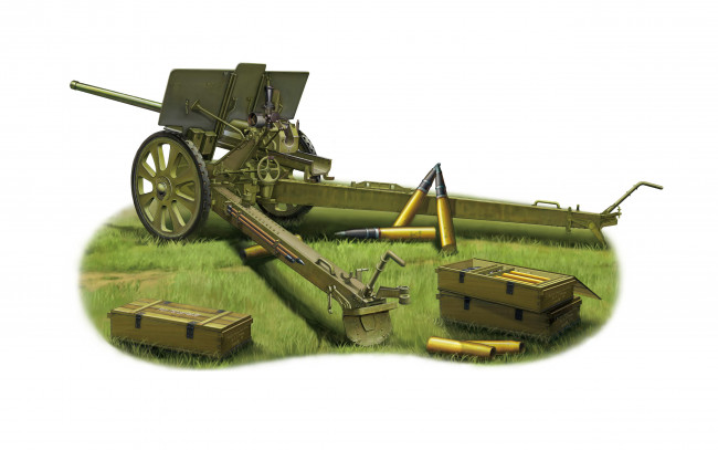 Обои картинки фото рисованное, армия, ww2, вов, модель, в, г, грабина, имени, кб, ссср, 1936г, обр, пушка, полууниверсальная, дивизионная, советская, 76-мм, ф-22, артиллерия