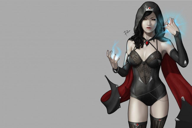 Обои картинки фото фэнтези, девушки, взгляд, девушка, арт, эротика, фон, магия, капюшон