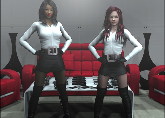 Обои картинки фото 3д графика, люди , people, оружие, фон, стол, диван, взгляд, девушки