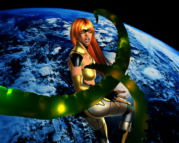 Обои картинки фото 3д графика, фантазия , fantasy, девушка, взгляд, фон, космос, планета