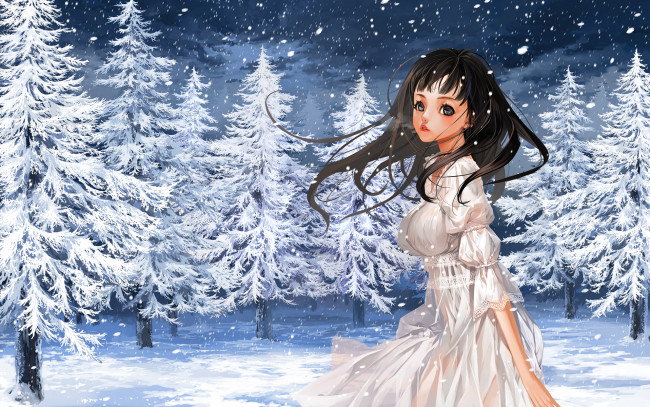 Обои картинки фото аниме, зима,  новый год,  рождество, взгляд, девушка, фон