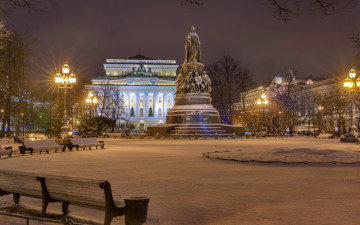 Картинка города санкт-петербург +петергоф+ россия снег зима огни ночь дворец площадь отровского дома деревья фонари памятник скамейки