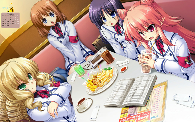 Обои картинки фото календари, аниме, книга, еда, стакан, взгляд, девушка, 2018