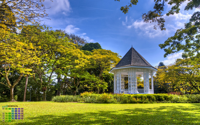 Обои картинки фото календари, города, 2018, растения, беседка, деревья