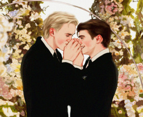 Картинка рисованное кино драко малфой цветы поцелуй гарри поттер