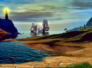 обоя календари, фэнтези, природа, берег, водоем, маяк, 2019, calendar, парусник