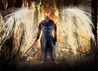 Картинка фэнтези оборотни меч униформа взгляд фон существо