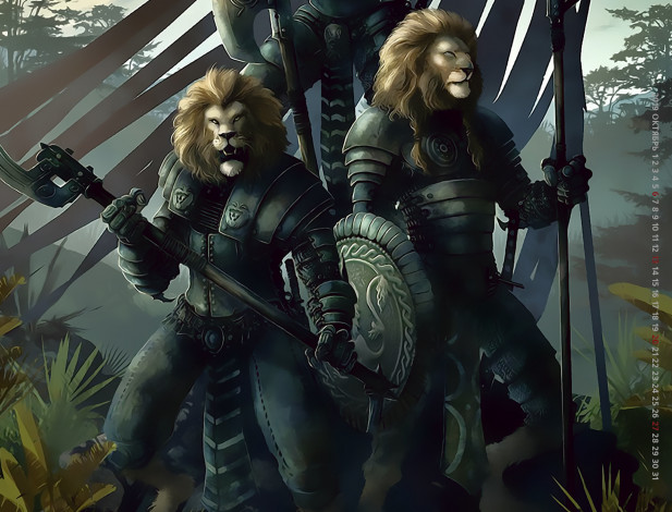 Обои картинки фото календари, фэнтези, существо, грива, calendar, 2019, одежда, щит, оружие, животное