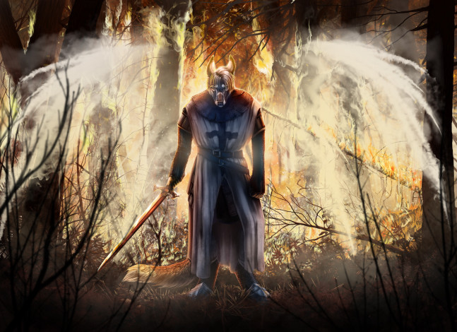 Обои картинки фото фэнтези, оборотни, меч, униформа, взгляд, фон, существо