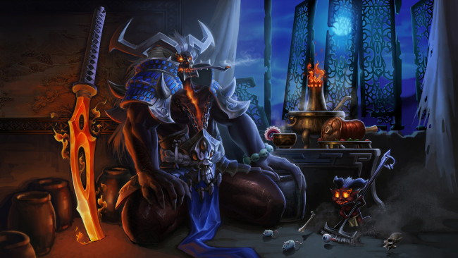 Обои картинки фото фэнтези, демоны, меч, латы, фон, существо