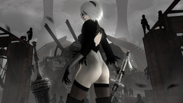 Картинка видео+игры nier +automata девушка фон катана маска