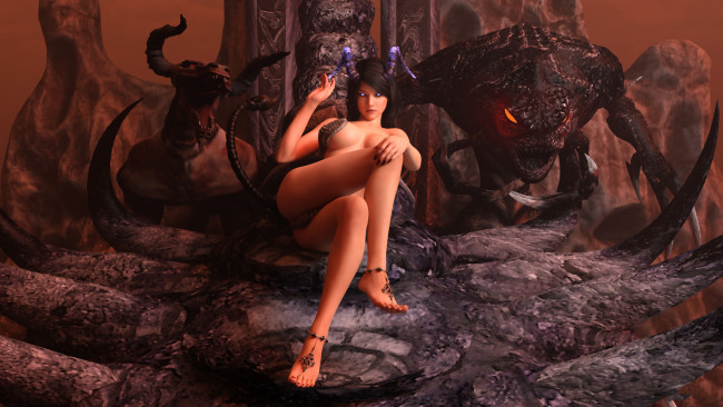 Обои картинки фото 3д графика, ужас , horror, девушка, фон, взгляд, существо, рога