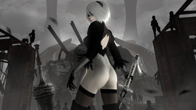 Обои картинки фото видео игры, nier,  automata, девушка, фон, катана, маска