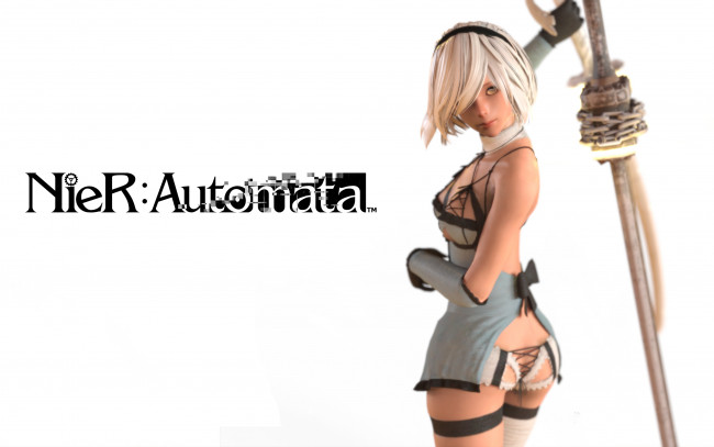 Обои картинки фото видео игры, nier,  automata, девушка, фон, взгляд