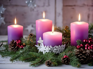 обоя праздничные, новогодние свечи, свечи, огоньки, шарики, ветки