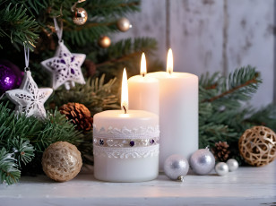 обоя праздничные, новогодние свечи, свечи, огоньки, шарики, ветки