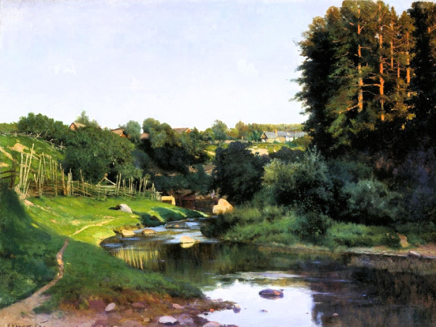 Обои картинки фото константин крыжицкий, рисованное, лес, река, село