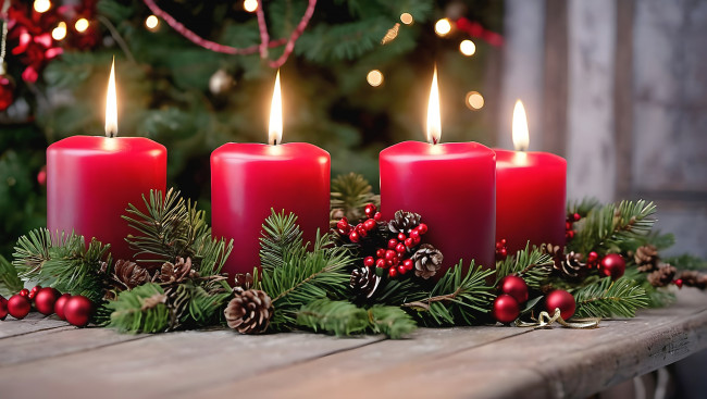 Обои картинки фото праздничные, новогодние свечи, свечи, огоньки, шарики, ветки