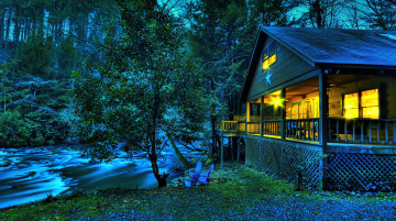 Картинка города здания дома hdr лес свет деревья река вода природа