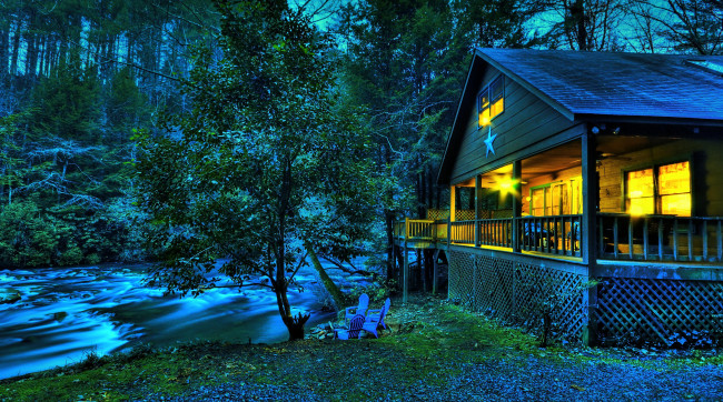 Обои картинки фото города, здания, дома, hdr, лес, свет, деревья, река, вода, природа